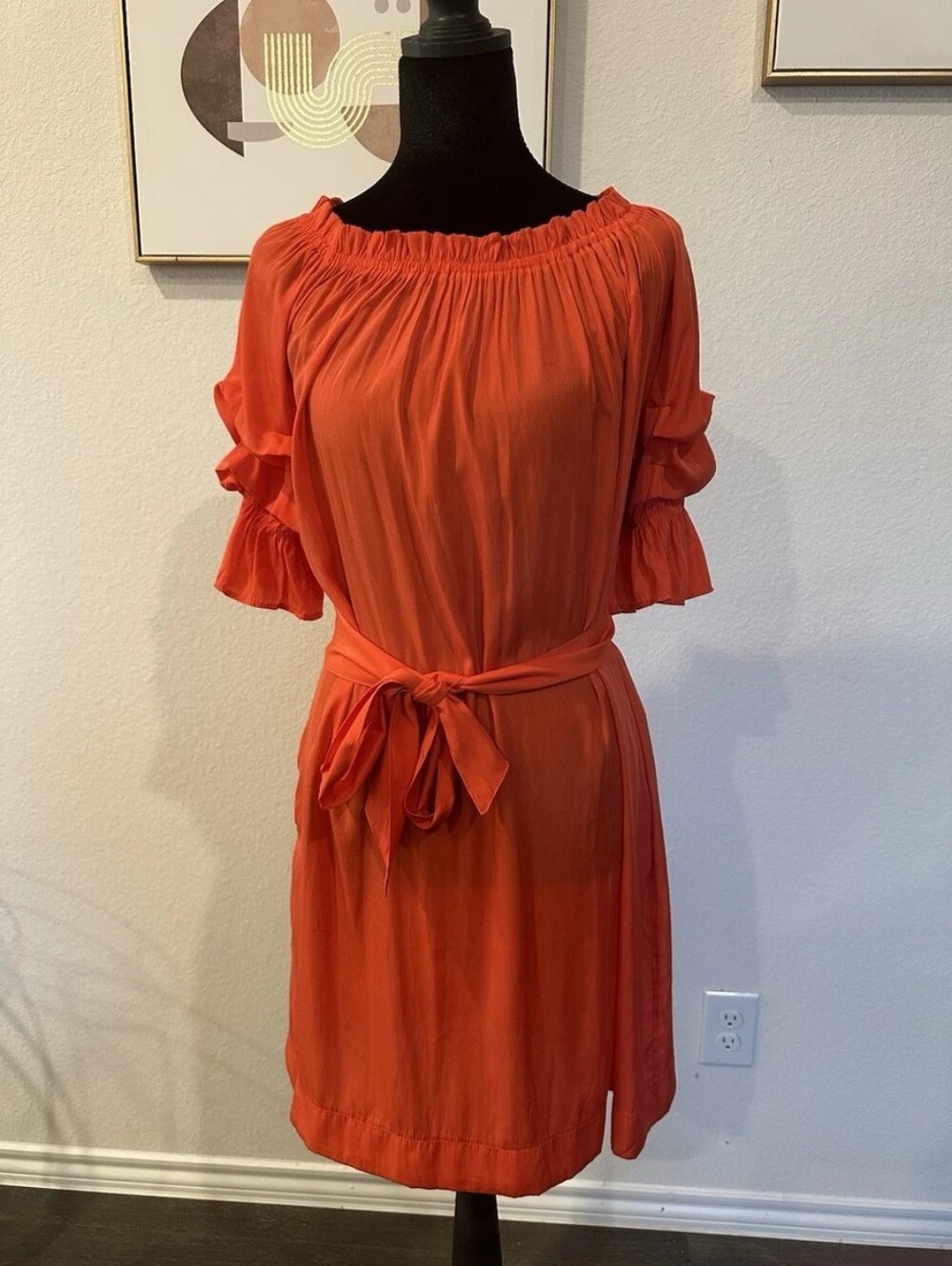 MERSEA x Anthropologie Tulum Ruffle Dress Sunset Orange Off Shoulder Medium - Picture 14 of 16